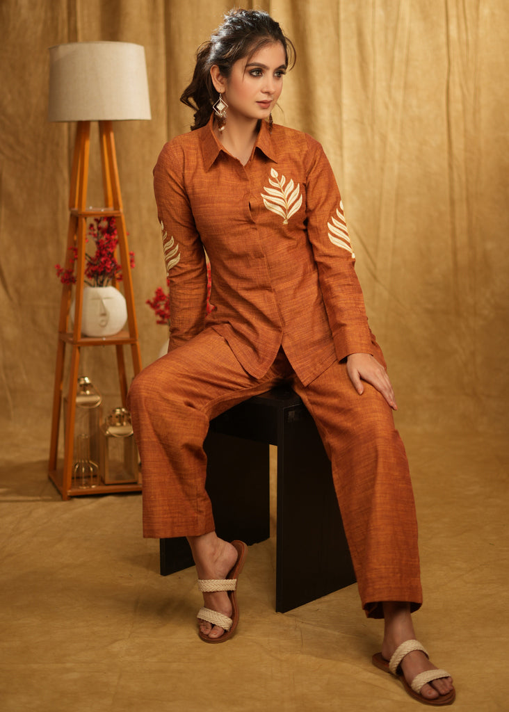 Rust Cotton Shirt with Leave Embroidered Motif
