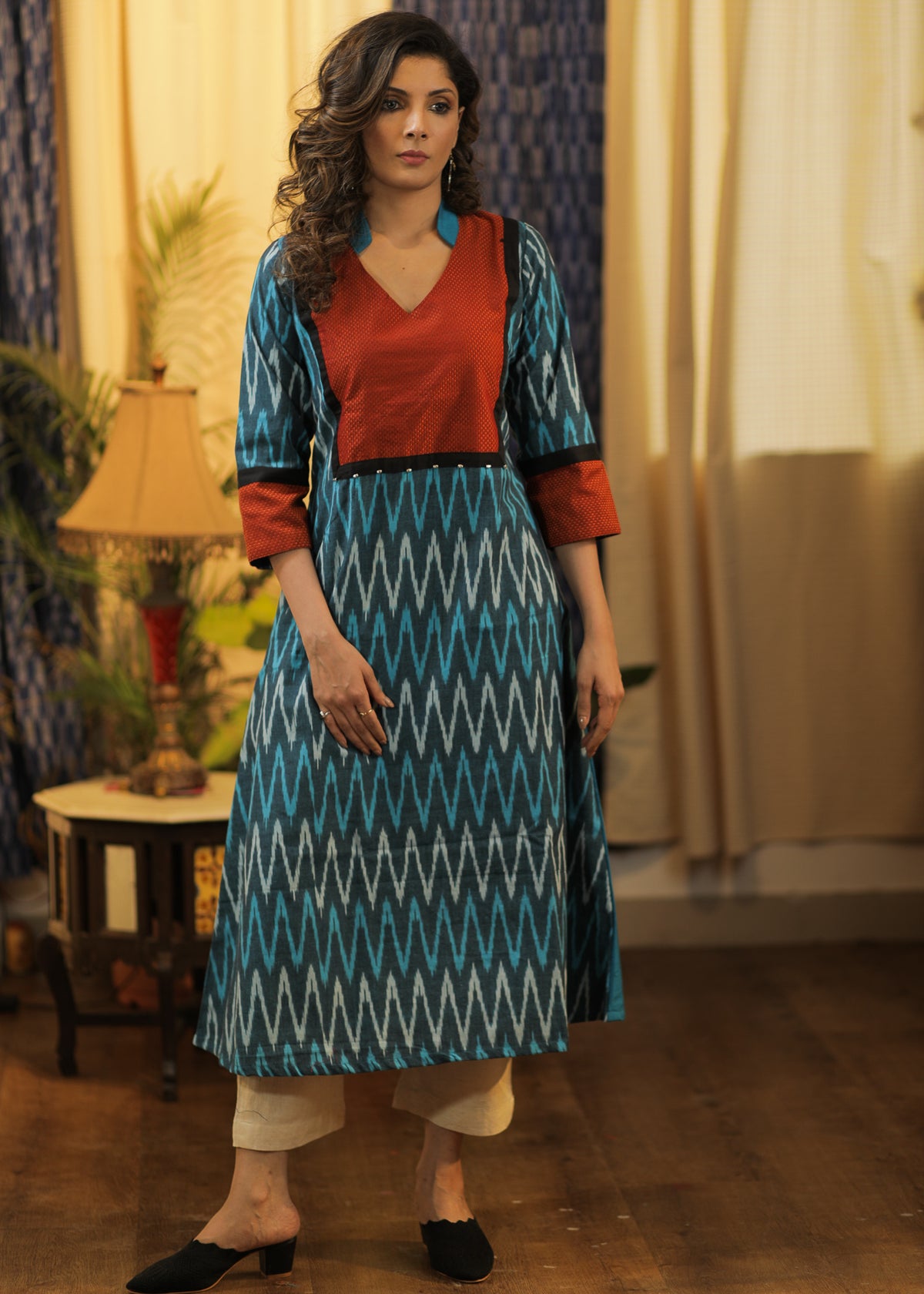 Dussehra Sale — A-line Cotton Silk kurta with Ikat and Khun Yoke