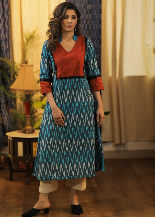 A-line Cotton Silk kurta with Ikat and Khun Yoke