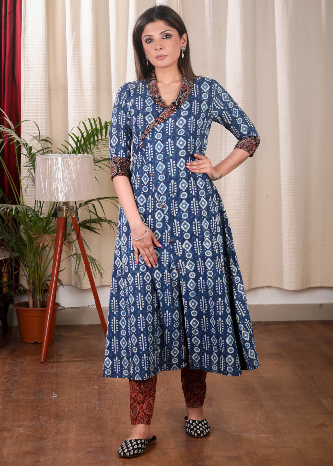 A line Cotton Indigo Kurta with Beautifully Combined Ajrakh - Pant Optional