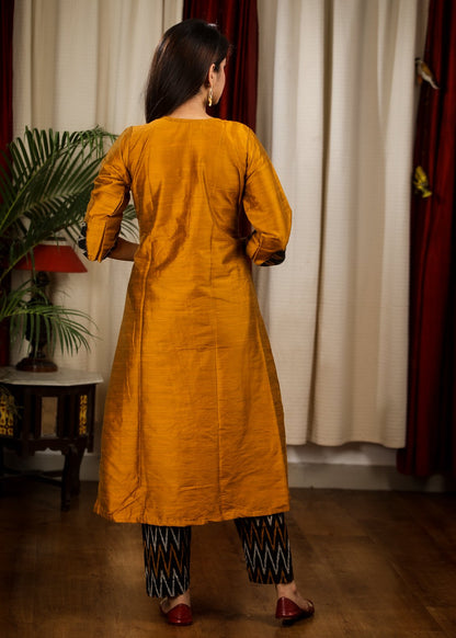 Mustard Cotton Silk Kurta With Exclusive  Embroidery and Ikat Pant