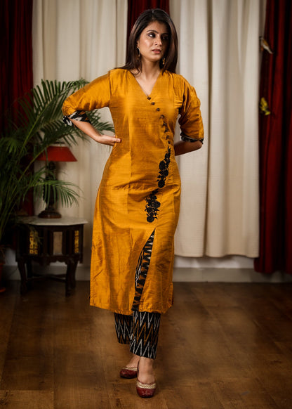 Mustard Cotton Silk Kurta With Exclusive  Embroidery and Ikat Pant
