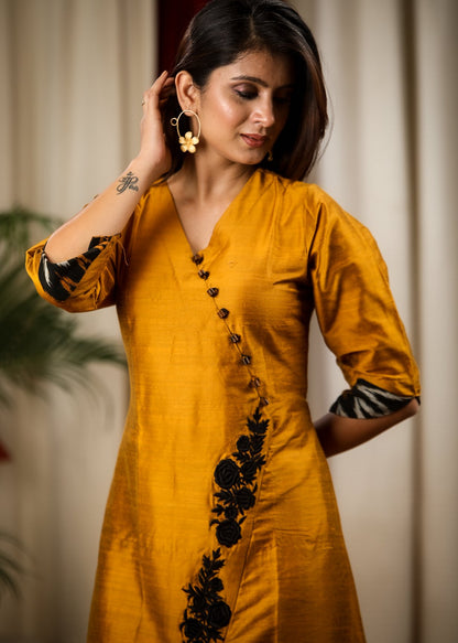 Mustard Cotton Silk Kurta With Exclusive  Embroidery and Ikat Pant