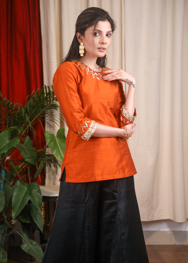 Hand Embroidered Rust Cotton Silk Top