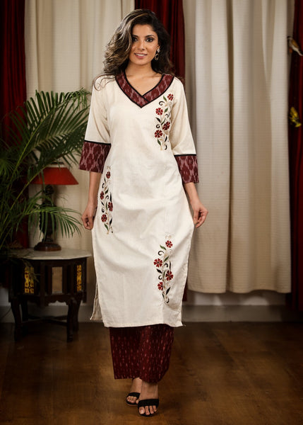Straight Cut Cotton Handloom Kurta with Elegant Embroidery work and Ikat Details
