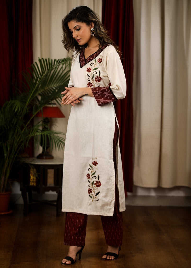 Straight Cut Cotton Handloom Kurta with Elegant Embroidery work and Ikat Details