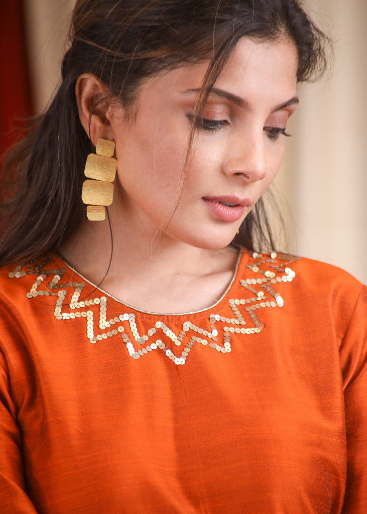 Hand Embroidered Rust Cotton Silk Top