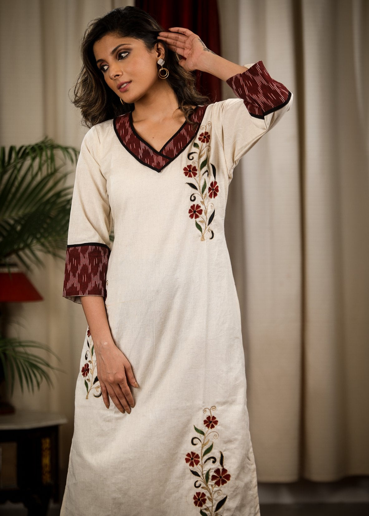 Straight Cut Cotton Handloom Kurta with Elegant Embroidery work and Ikat Details