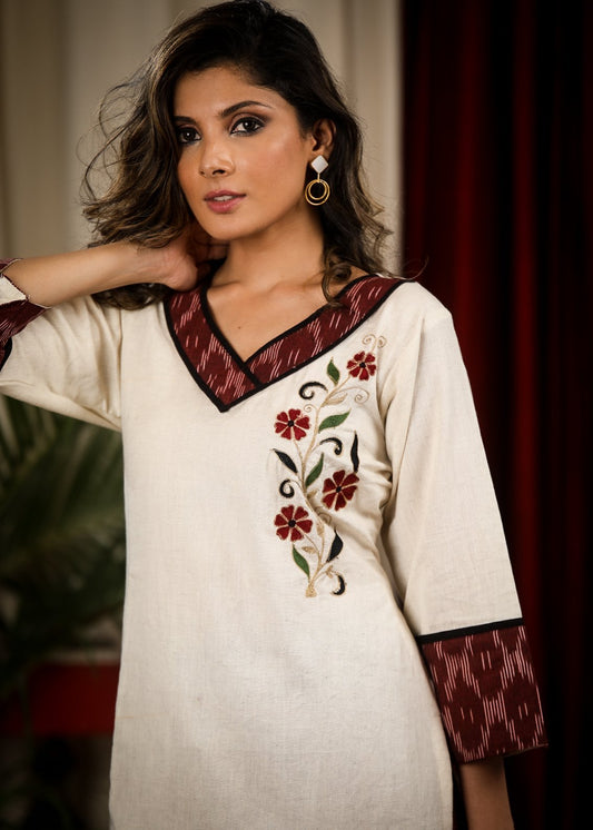 Straight Cut Cotton Handloom Kurta with Elegant Embroidery work and Ikat Details