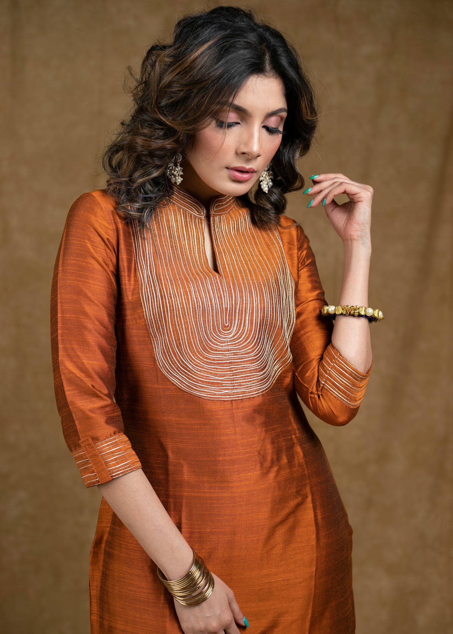 Classy Rust Cotton Silk Kurta with Unique Gold Zari Work