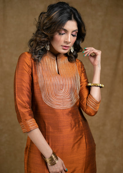 Classy Rust Cotton Silk Kurta Pant Set with Unique Gold Zari Work and Heavy Chanderi Dupatta - 3 Piece