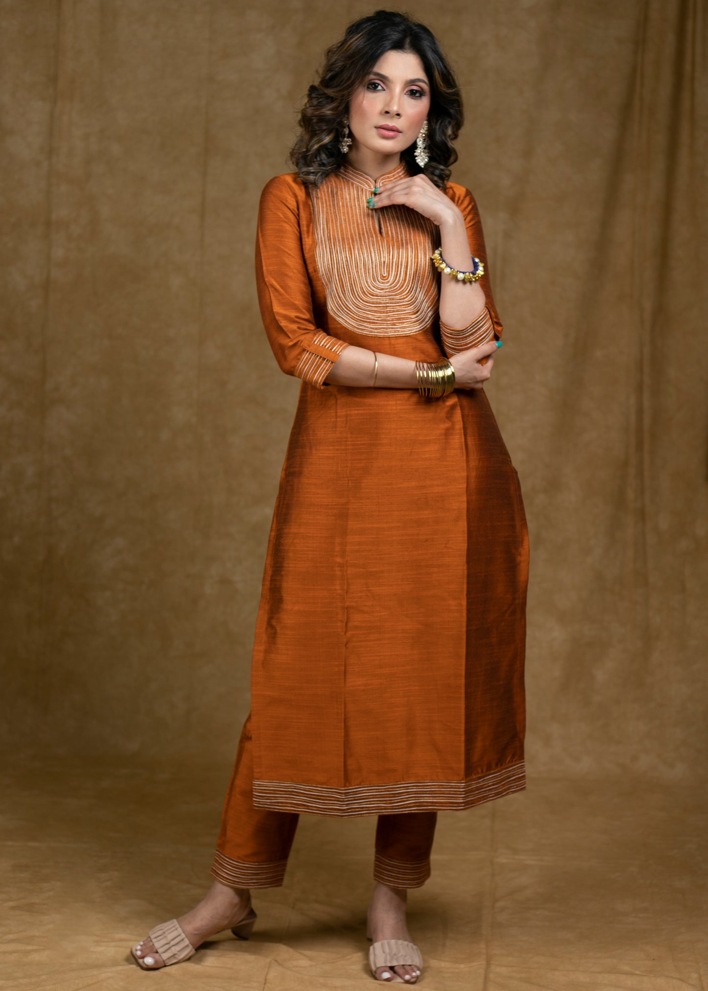 Classy Rust Cotton Silk Kurta with Unique Gold Zari Work