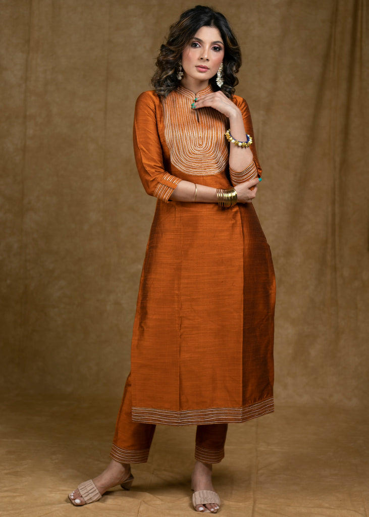 Classy Rust Cotton Silk Kurta Pant Set with Unique Gold Zari Work and Heavy Chanderi Dupatta - 3 Piece