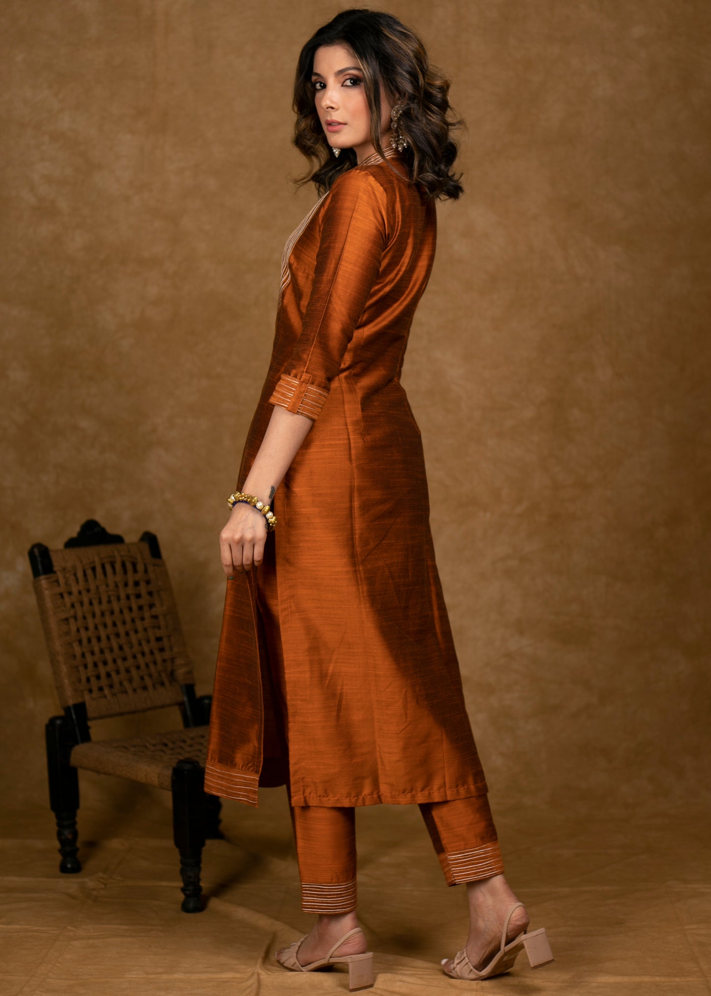 Classy Rust Cotton Silk Kurta with Unique Gold Zari Work