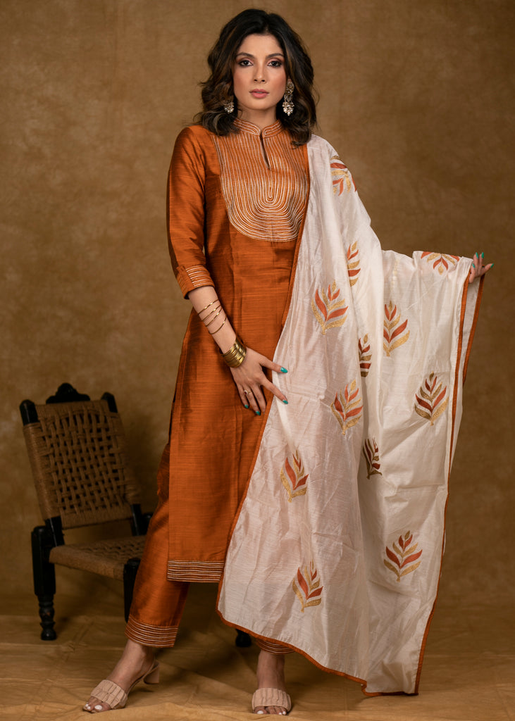 Classy Rust Cotton Silk Kurta Pant Set with Unique Gold Zari Work and Heavy Chanderi Dupatta - 3 Piece