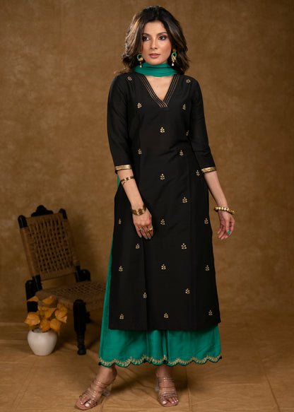 Elegant Black Cotton Silk Kurta with Overall Hand Embroidery