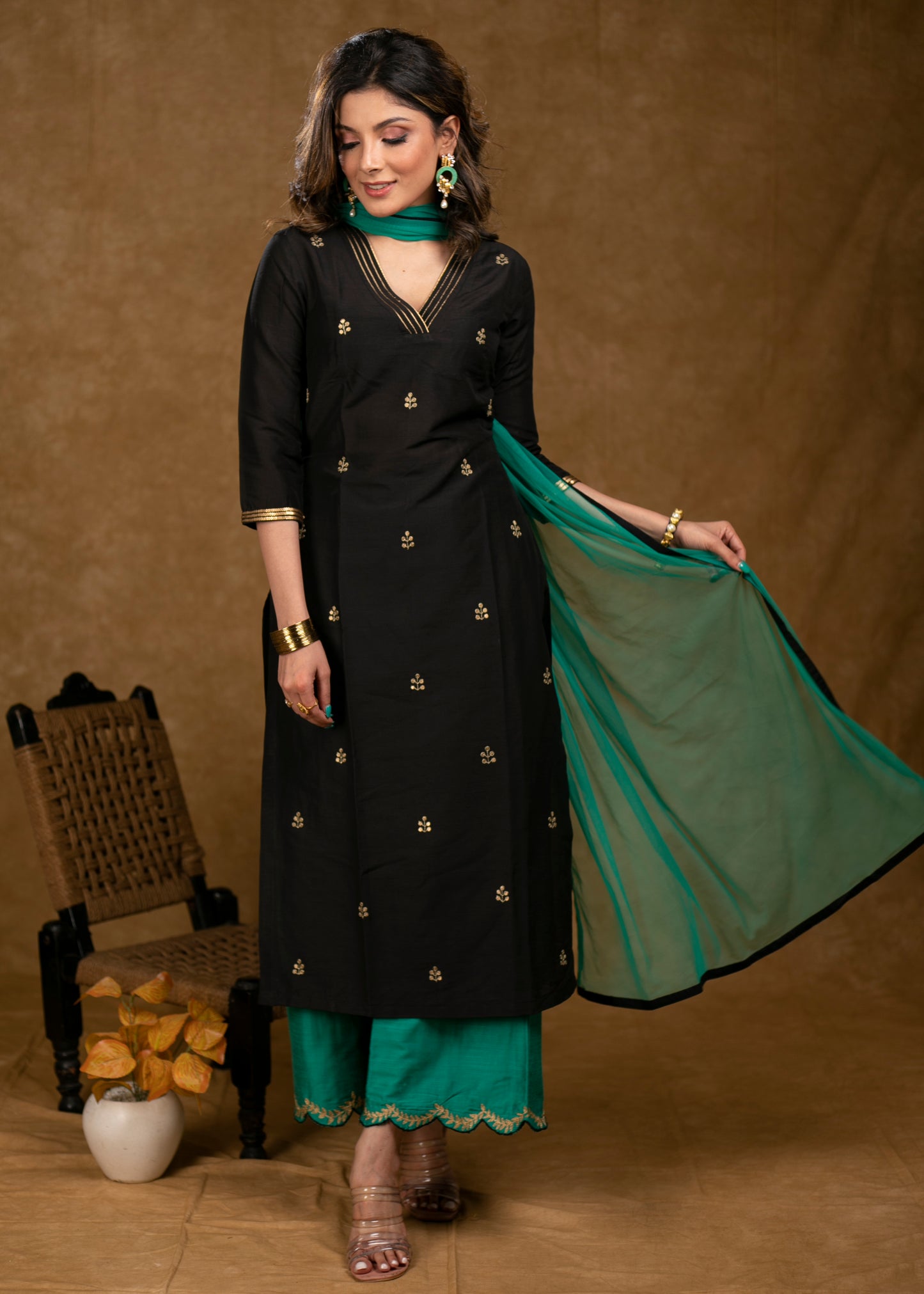 Elegant Black Cotton Silk Kurta with Overall Hand Embroidery