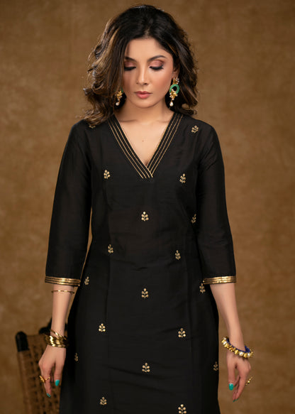 Elegant Black Cotton Silk Kurta with Overall Hand Embroidery