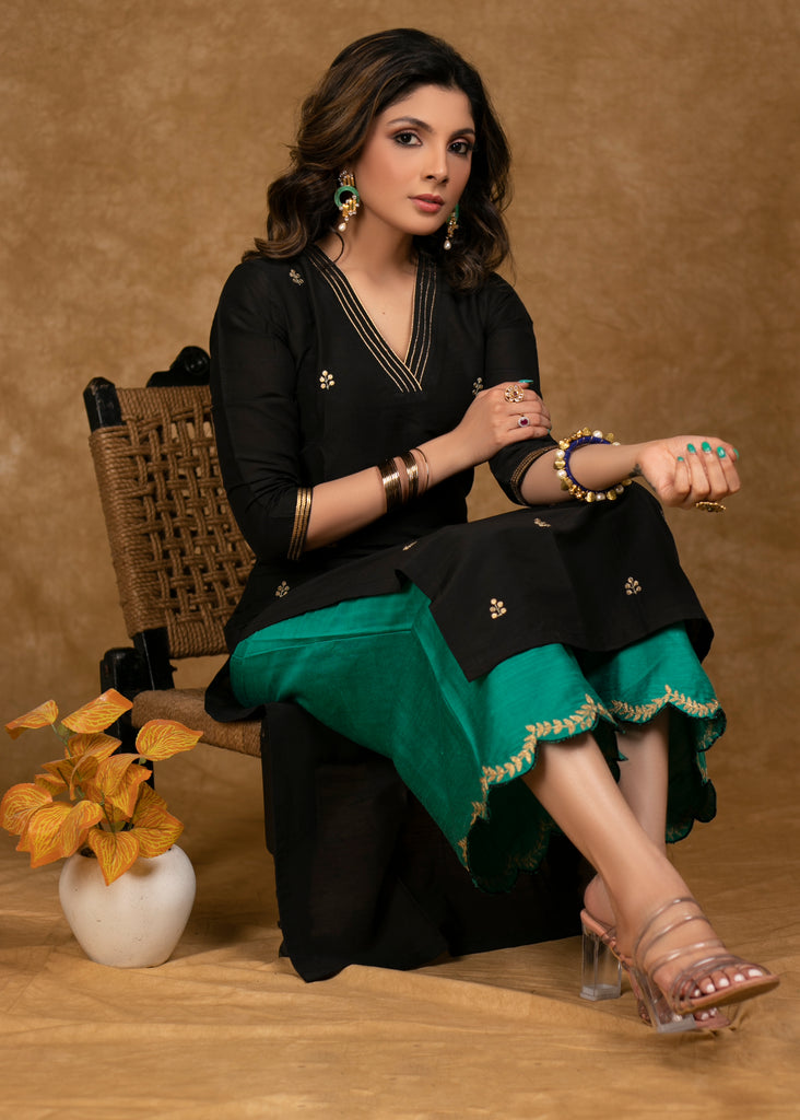 Elegant Black Cotton Silk Kurta with Overall Hand Embroidery and Green Palazzo Set - Dupatta Optional