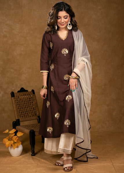 Classy Brown Cotton Silk Overall Hand Embroidered Kurta with Off-White Palazzo -Dupatta Optional