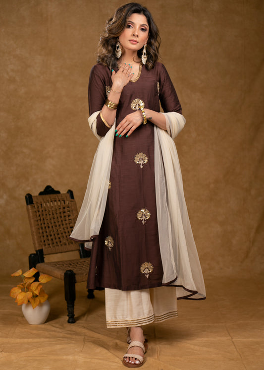 Classy Brown Cotton Silk Kurta with hand embroidey