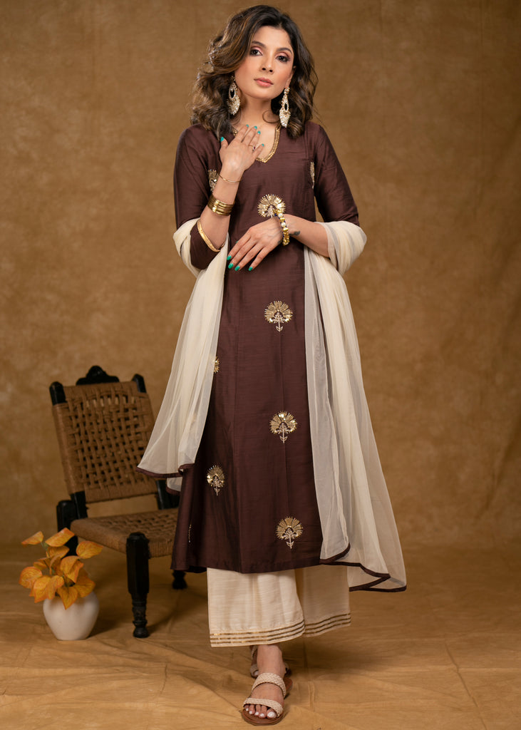 Classy Brown Cotton Silk Overall Hand Embroidered Kurta with Off-White Palazzo -Dupatta Optional