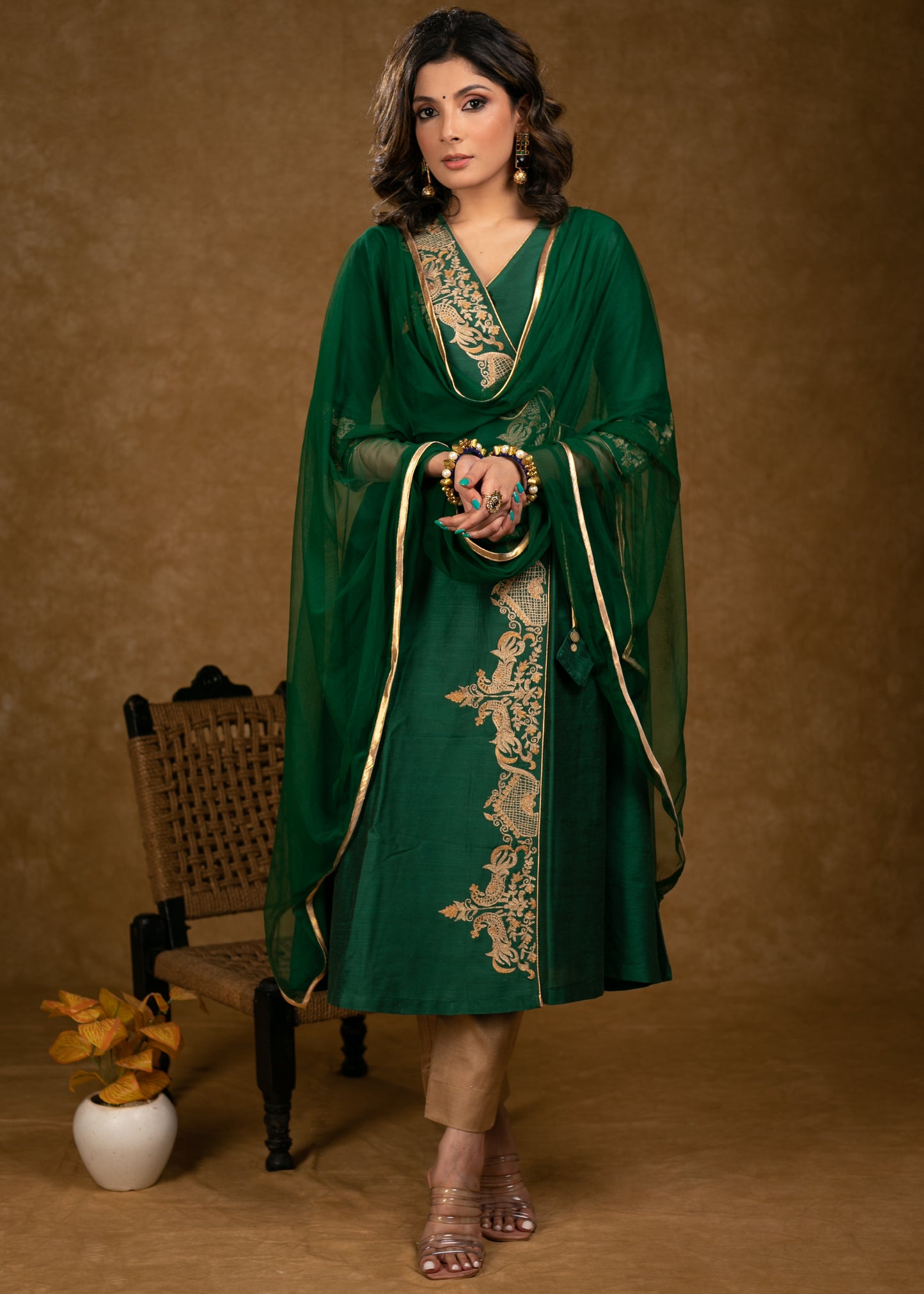 Party Wear Bottle Green Cotton Silk Cross Over Kurta with Zari Embroidery & Dupatta - Pant Optional