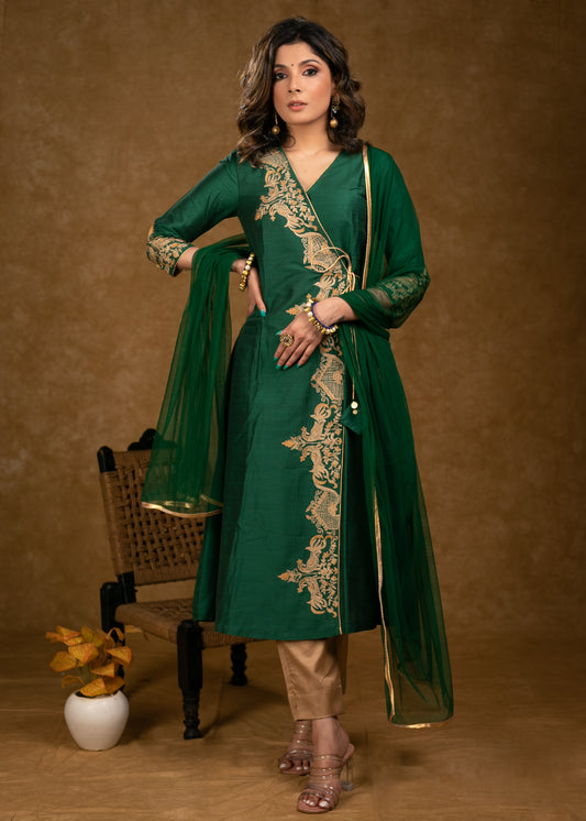 Party Wear Bottle Green Cotton Silk Cross Over Kurta with Zari Embroidery & Dupatta - Pant Optional