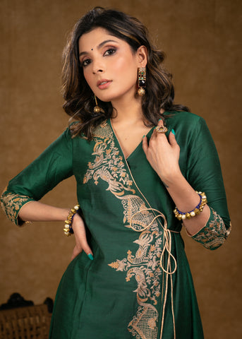 Party Wear Bottle Green Cotton Silk Cross Over Kurta with Zari Embroidery & Dupatta - Pant Optional