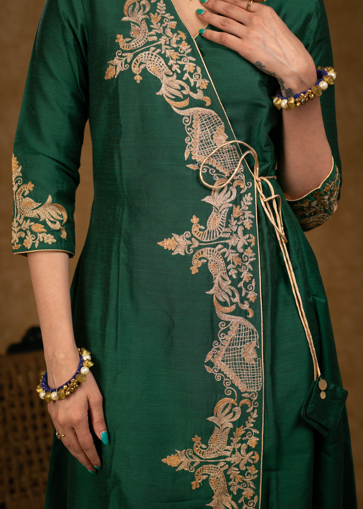 Party Wear Bottle Green Cotton Silk Cross Over Kurta with Zari Embroidery & Dupatta - Pant Optional