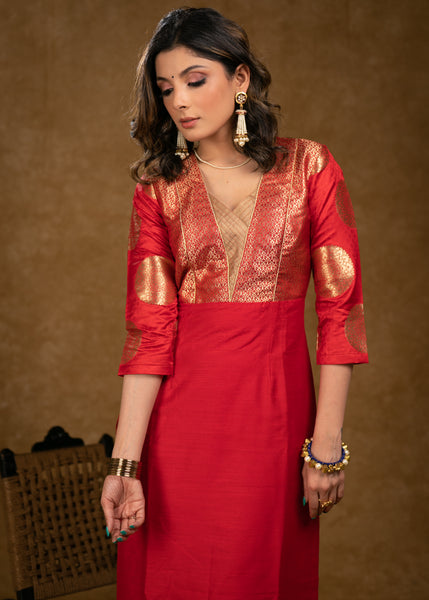 Party Wear Red Cotton Silk Kurta with Brocade Yoke and Sleeves - Pant Optional