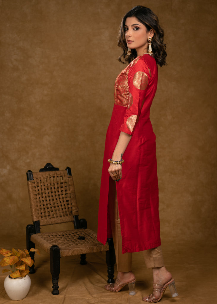 Party Wear Red Cotton Silk Kurta with Brocade Yoke and Sleeves - Pant Optional