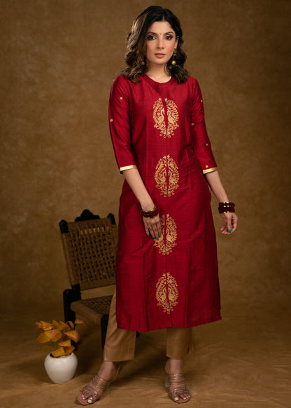 Elegant Maroon Cotton Silk Kurta with Peacock Embroidered Motifs in Front
