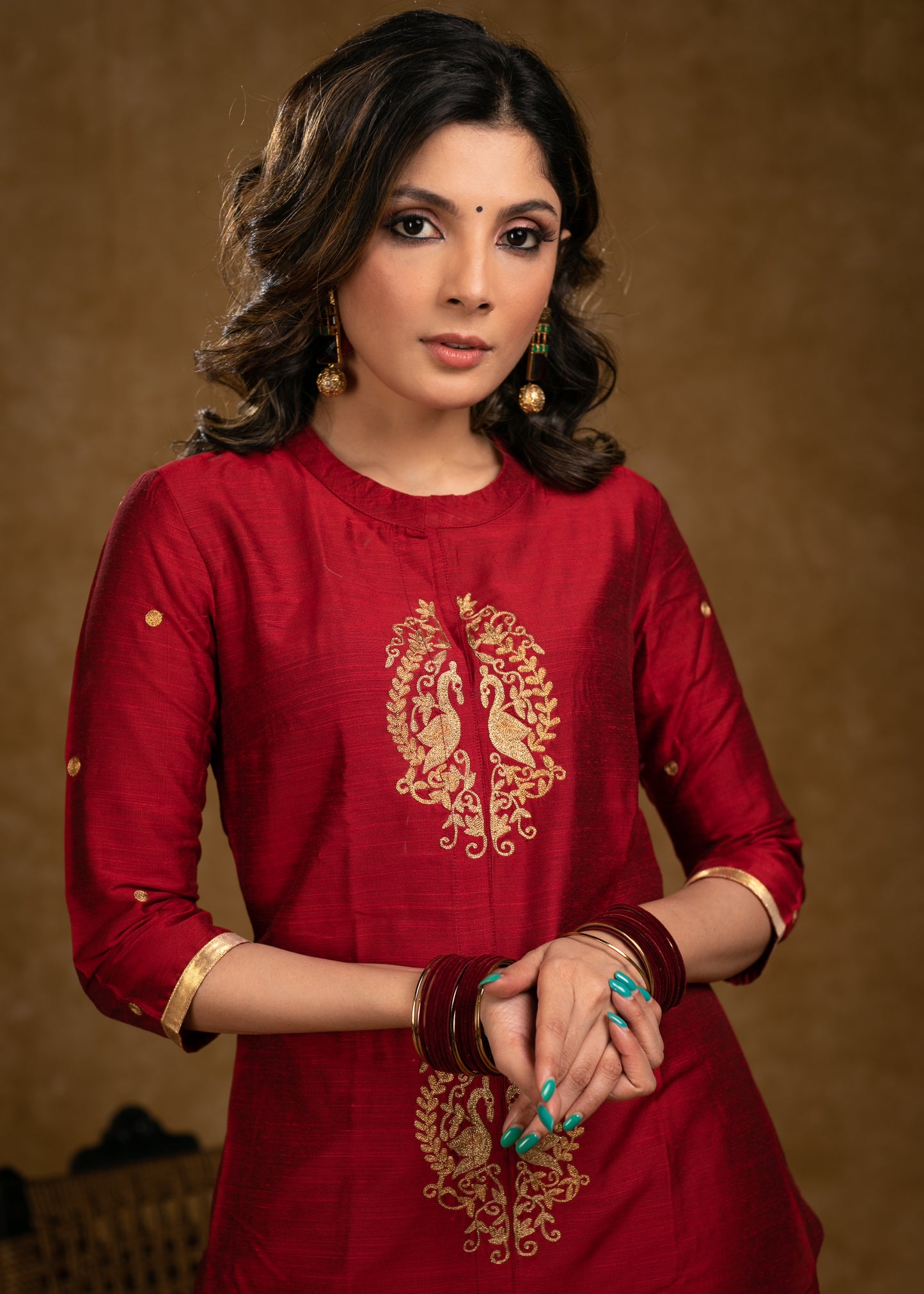 Elegant Maroon Cotton Silk Kurta with Peacock Embroidered Motifs in Front