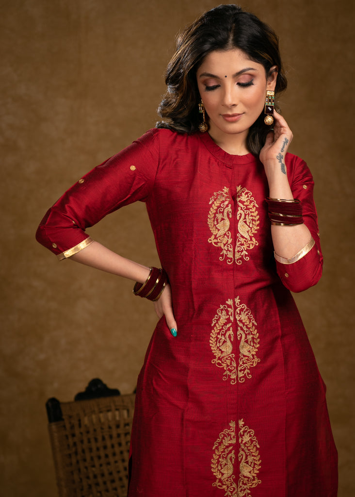 Elegant Maroon Cotton Silk Kurta with Peacock Embroidered Motifs in Front