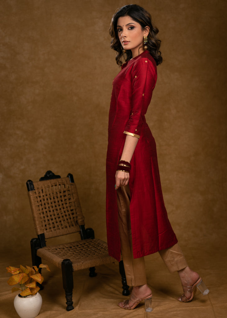 Elegant Maroon Cotton Silk Kurta with Peacock Embroidered Motifs in Front