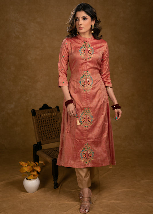 Exclusive Assam Silk Kurta with Beautiful Peacock Embroidery Motifs - Pant Optional