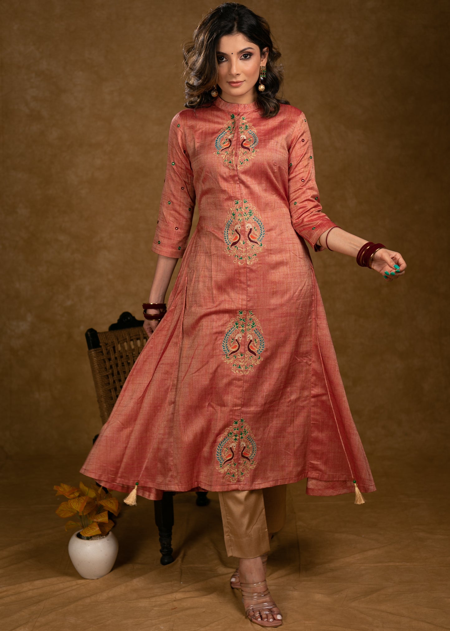 Exclusive Assam Silk Kurta with Beautiful Peacock Embroidery Motifs - Pant Optional