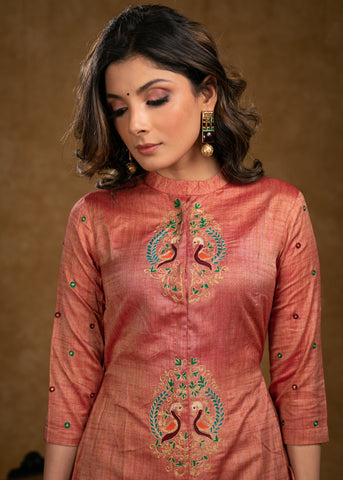 Exclusive Assam Silk Kurta with Beautiful Peacock Embroidery Motifs - Pant Optional