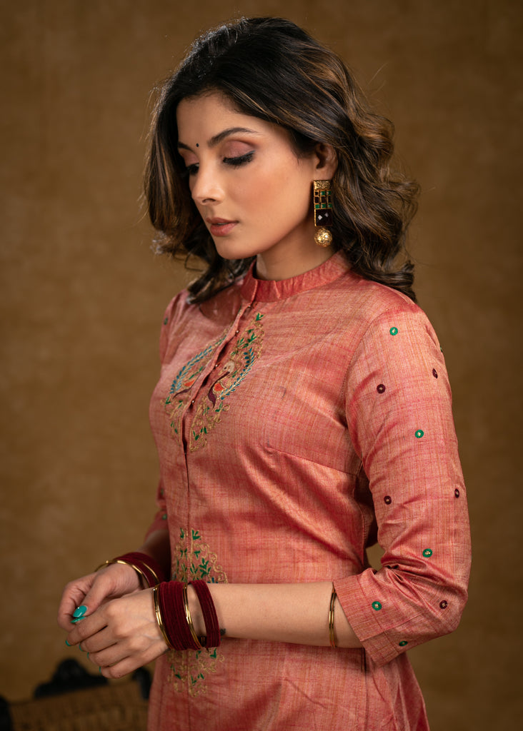 Exclusive Assam Silk Kurta with Beautiful Peacock Embroidery Motifs - Pant Optional
