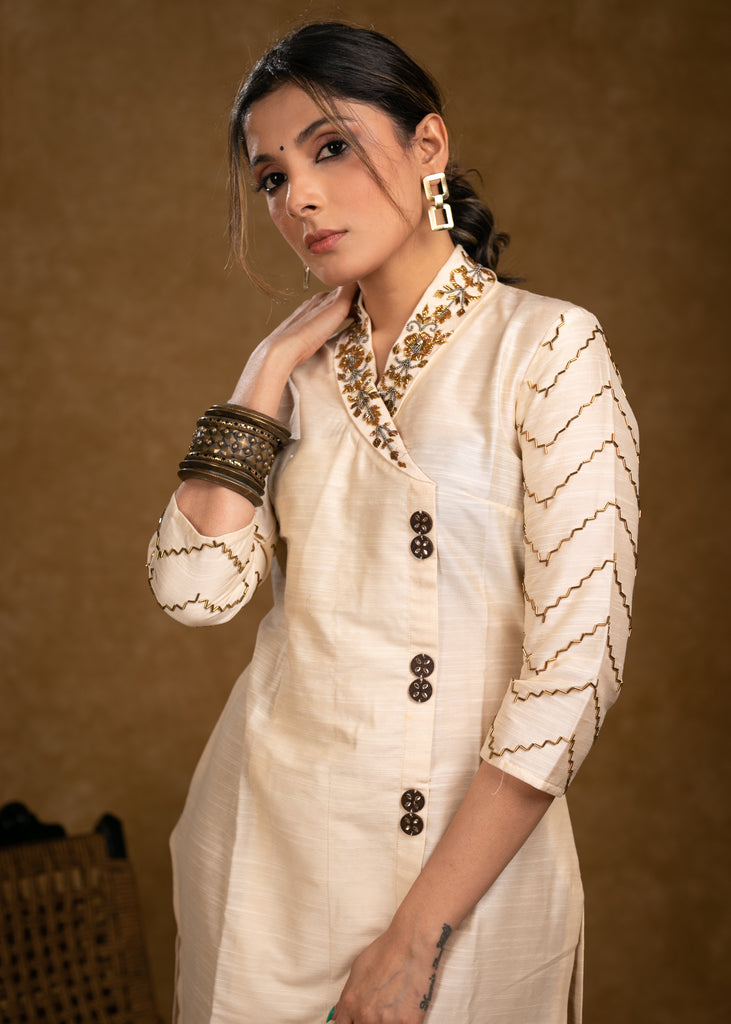Light Beige Cotton Silk Kurta with Heavy Hand Embroidery on Collar and Sleeves - Pant Optional