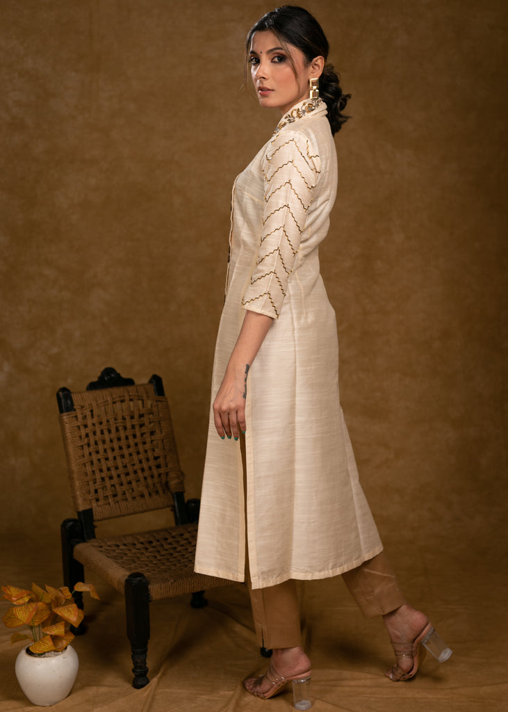 Light Beige Cotton Silk Kurta with Heavy Hand Embroidery on Collar and Sleeves - Pant Optional