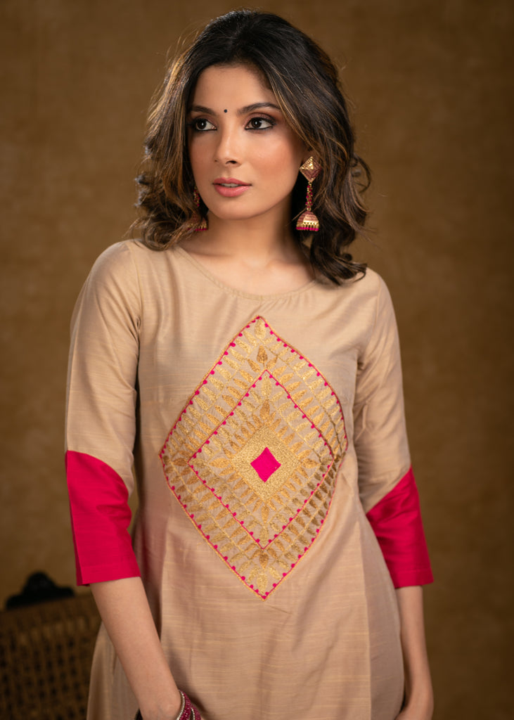 Exclusive Beige Cotton Silk Kurta Highlighted with Classy Zari Work and Dupatta - Pant Optional