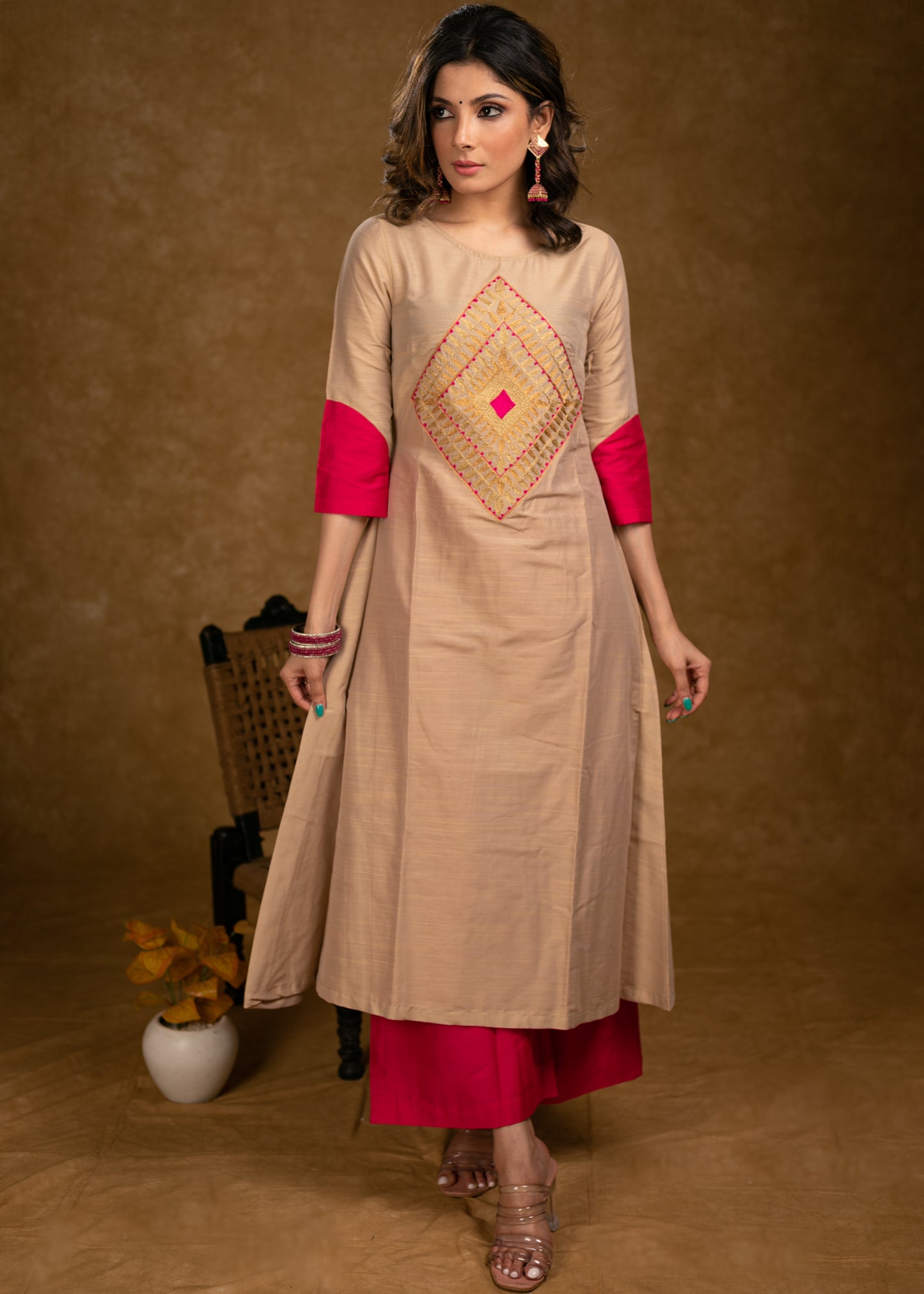 Exclusive Beige Cotton Silk Kurta Highlighted with Classy Zari Work and Dupatta - Pant Optional