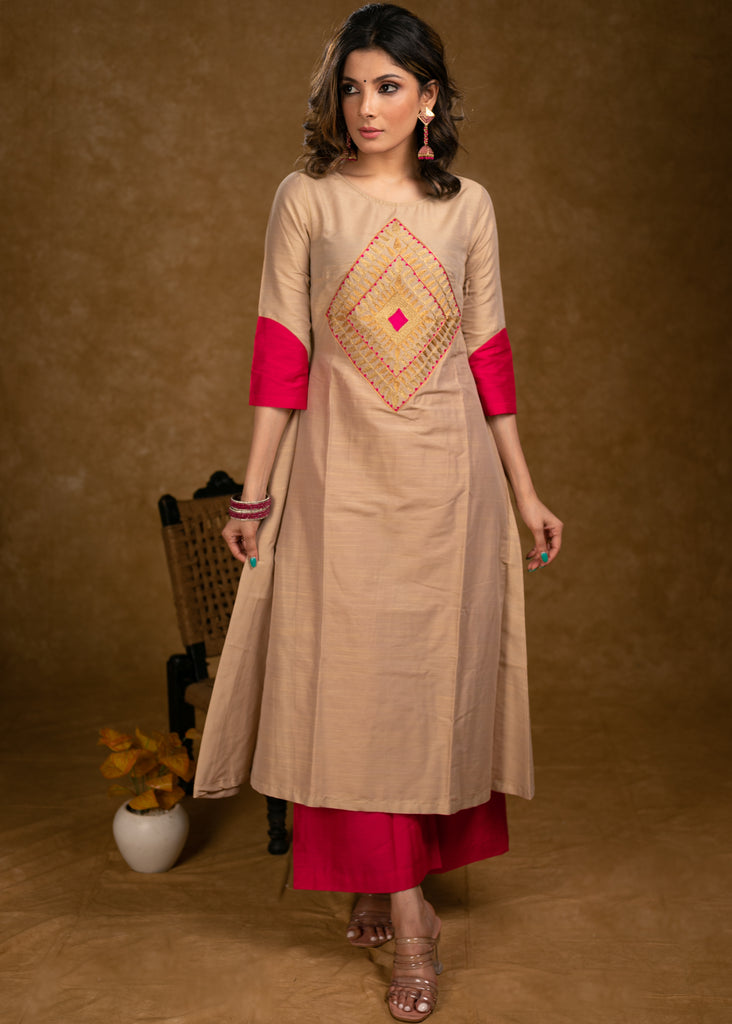 Exclusive Beige Cotton Silk Kurta Highlighted with Classy Zari Work and Dupatta - Pant Optional