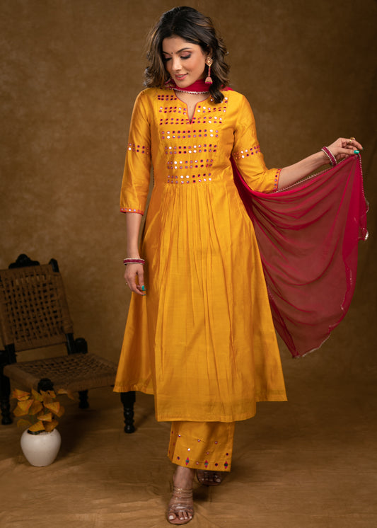 Party Wear Mango Chanderi Kurta Fuchsia Pink Mirror Hand Work on Yoke, Sleeves