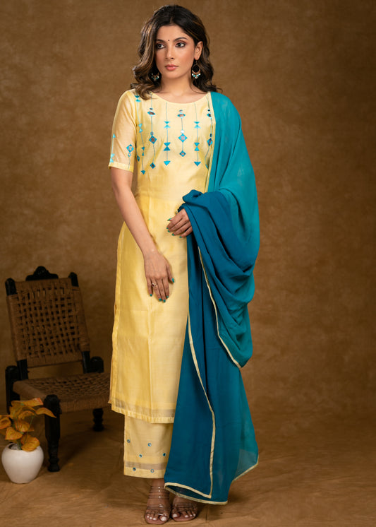 Classy Lemon Yellow Chanderi Kurta with Contrast Embroidery on Yoke and Sleeves