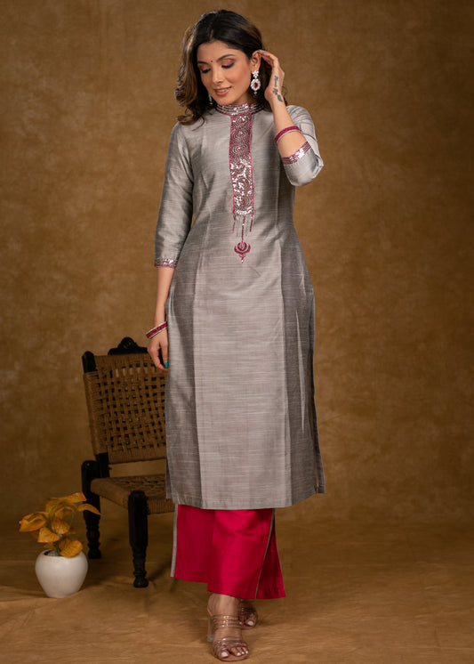 Classy Grey Cotton Silk Kurta with Sequence Hand Embroidery