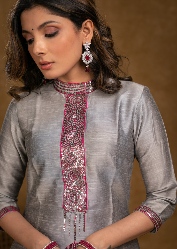 Classy Grey Cotton Silk Kurta with Sequence Hand Embroidery with Pink Palazzo -2 Piece