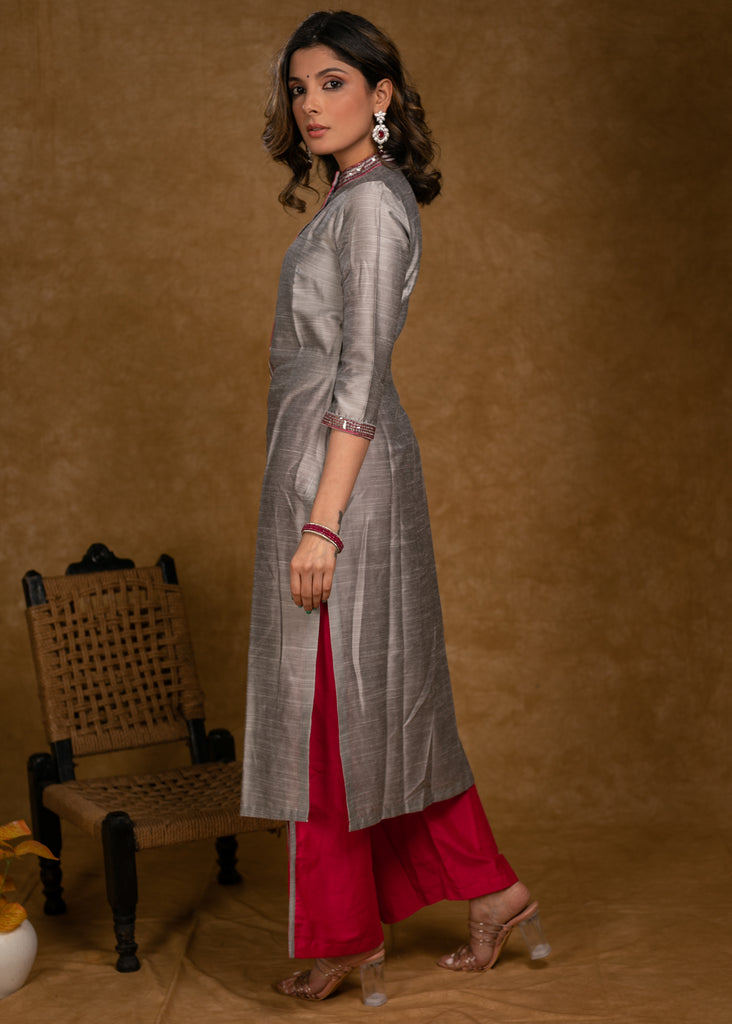 Classy Grey Cotton Silk Kurta with Sequence Hand Embroidery with Pink Palazzo -2 Piece